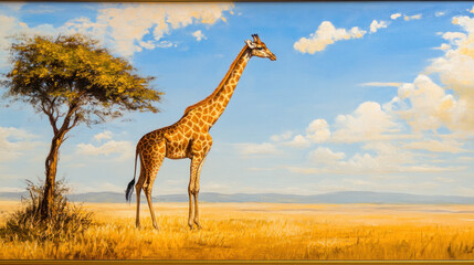 Obraz premium A lone giraffe standing gracefully beside a tall acacia tree, framed by the golden hues of the Kenyan savannah under a clear blue sky.