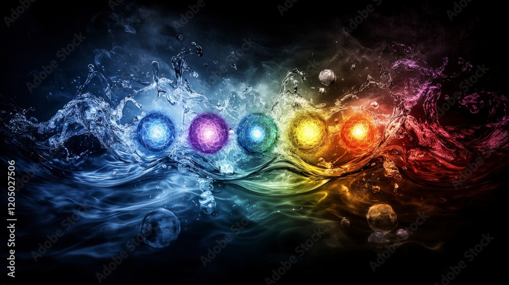 Fototapete dynamic chakrainspired light patterns radiating from water abstract art dark background colorful wav