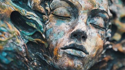 Serene sculpted face, abstract art, colorful texture, peaceful expression, wall art