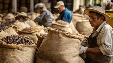 Workers bagging dried coffee beans in burlap sacks, with labeled bags ready for export in the background