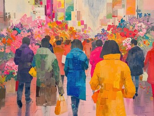 Naklejka premium depict a multicultural marketplace bustling with activity, captured from a worms-eye view to emphasize the convergence of identities and ideas