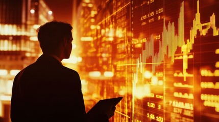 Stock market trends showing bullish movements with a businessman planning his next trade.