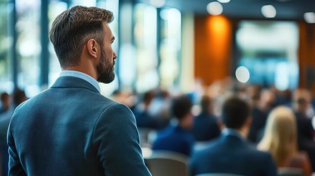 Investor attending a seminar on stock market trading strategies and trends in a modern office.