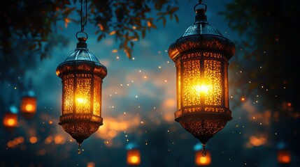 Glowing lanterns hanging under the night sky.