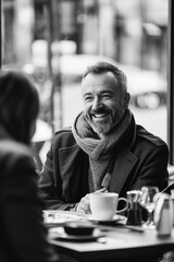 Man sipping coffee at table