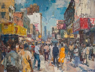 Fototapeta premium depict a multicultural marketplace bustling with activity, captured from a worms-eye view to emphasize the convergence of identities and ideas