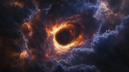 A supermassive black hole surrounded by swirling clouds of gas and dust, creating a colorful and dynamic cosmic environment