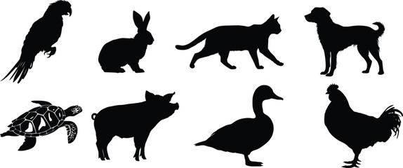 Bundle of Silhouette of farm animals and pets, set of vector silhouette animal pet. Generative ai