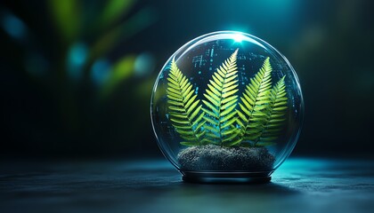 Fern leaf inside a futuristic glass sphere with digital analytics overlay