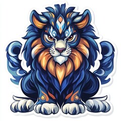 Majestic Lion Illustration with Detailed Patterns in Bold Blues and Warm Oranges Displaying Elegant Ornamental Design
