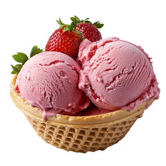 Delicious strawberry ice cream in a waffle cup. transparent background