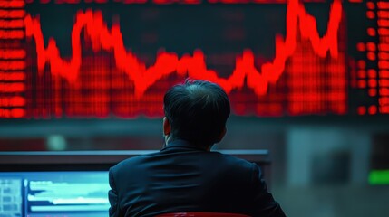 Investor looking at falling stock prices during an economic recession, unsure of the next move.