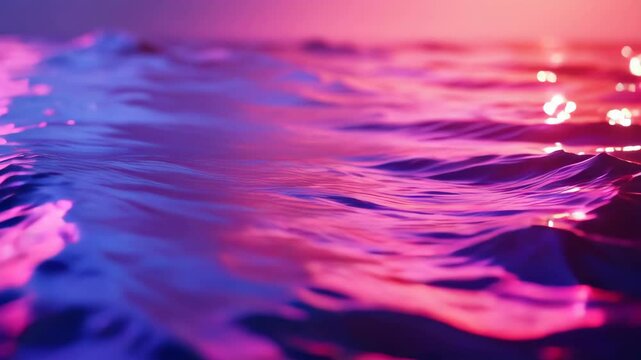 Tranquil ocean waves at sunset with vivid purple and pink reflections