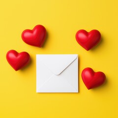 Red Hearts Surrounding White Envelope on Yellow Background - Love Letter Concept