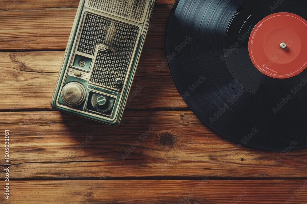 Poster vintage radio and vinyl record on wooden table creating nostalgic music atmosphere. generative ai