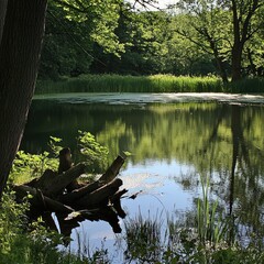 Reflections in a tranquil pond surrounded by lush greenery on a sunny afternoon