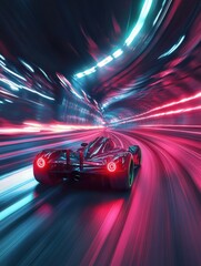 Fototapeta premium Racing car at high speed riding in illuminated road tunnel. Postproducted generative AI digital illustration.