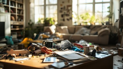 mess, disorder and interior concept - blurred photo of messy home living room with scattered stuff