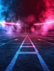 American football stadium field with smoke and neon background, generated with computer, suitable for background design, flayer, brosur, ad, booklets and leaflets.