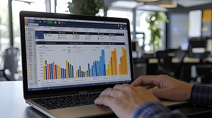 Person analyzing data graphs on laptop. (1)