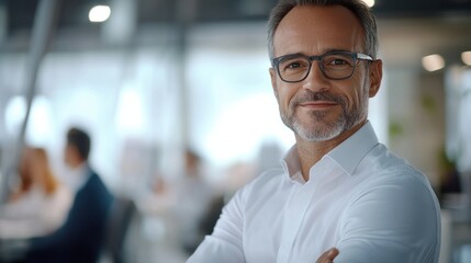 Obraz premium Smiling confident mature businessman leader looking at camera standing in office at team meeting. Male corporate leader ceo executive manager wearing glasses posing for business portrait arms folded.