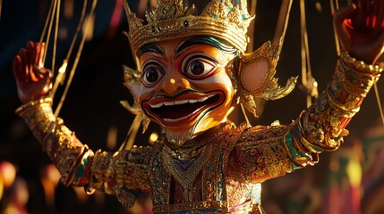 Obraz premium Mardi Gras parade float with a large statue of a smiling clown, surrounded by parade participants handing out beads and candy to the audience,