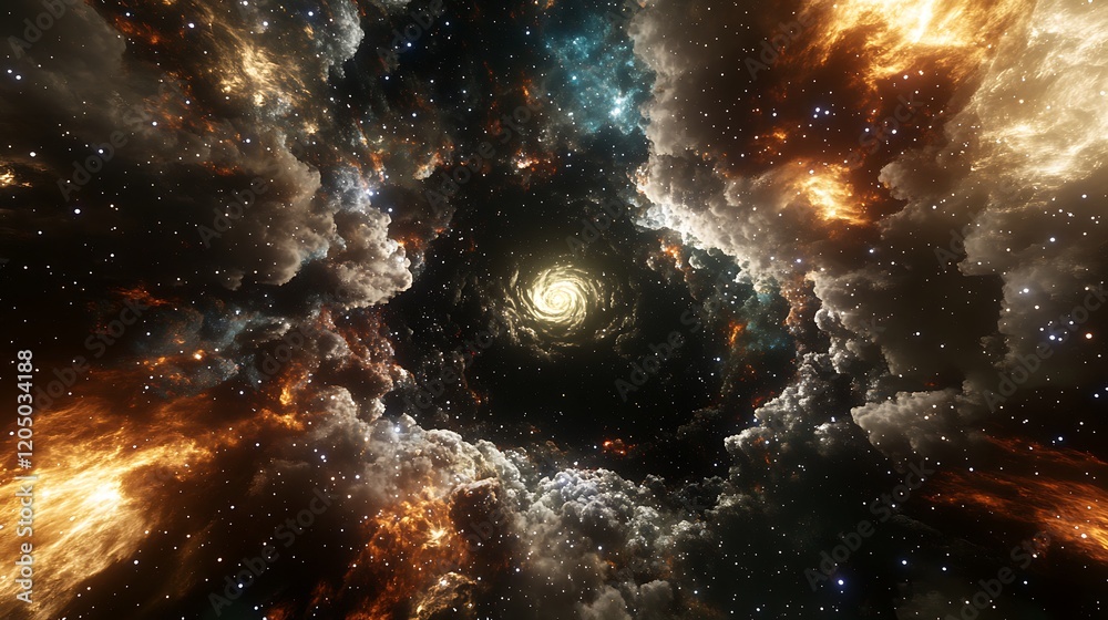 Canvas Prints a dramatic black hole in 3d, with colorful interstellar clouds and countless stars creating a captiv