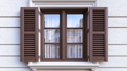 A window with brown shutters and a white curtain