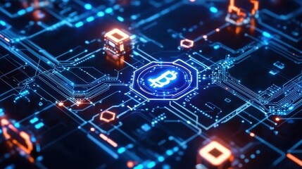 digital blockchain interface with cyber protection button and circuits concept at abstract technology background. 3D render