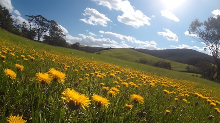 Sunny Field Abundant Yellow Dandelions Rolling Green Hills