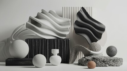 Design a collection of 3D clay renders that depict abstract representations of everyday objects and concepts, such as houses, cars, and trees Use a minimalist approach and a monochromatic color 