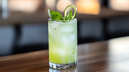 Cucumber and basil mocktail served in a highball glass, garnished with a thin cucumber ribbon