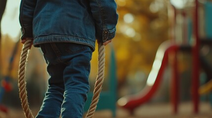 Obraz premium Little boy in jeans jacket holding rope and playing on playground, AI generated image