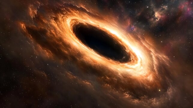 A cosmic black hole in 3D, with vibrant clouds and distant stars highlighting the vastness of space