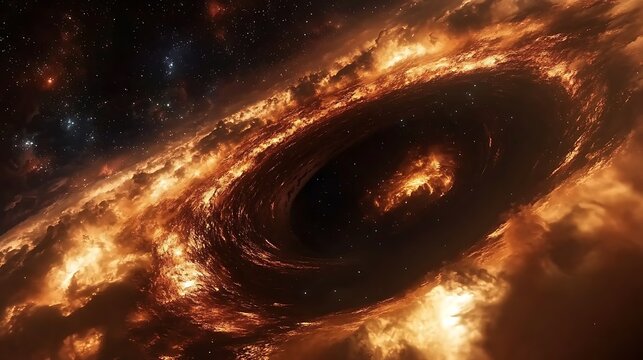 A cosmic black hole in 3D, with vibrant clouds and distant stars highlighting the vastness of space