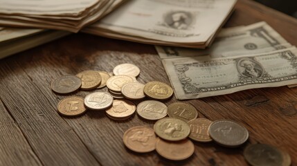 Close-up of coins and banknotes scattered on a wooden table, with financial documents in the background.