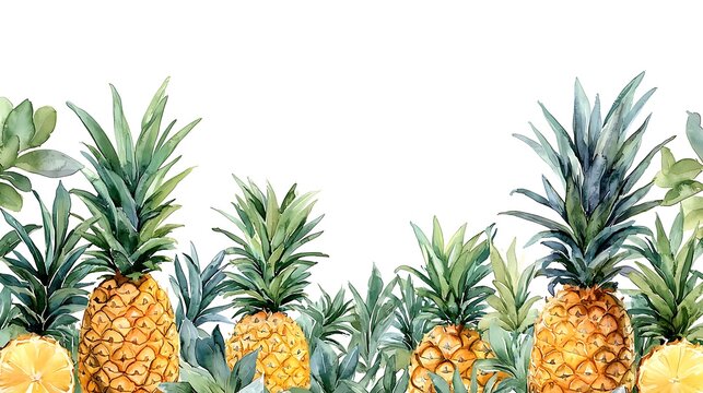 Watercolor Pineapples and Tropical Leaves Border - Summer Design Element.