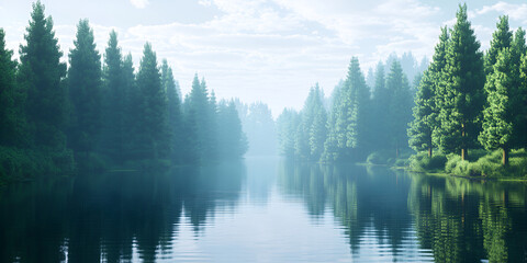 Calm Lake Surrounded by Dense Pine Forests