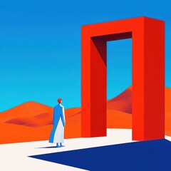 Surreal minimalism artwork desert landscape wide-angle shot dreamlike scenery golden hour lighting