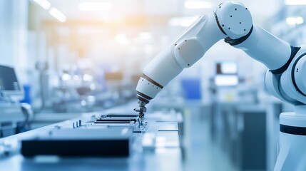 A robotic arm performing delicate electronics assembly in a clean tech lab, high-tech environment with a focus on precision assembly, Tech style