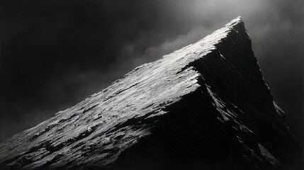Dramatic black and white image of a rocky mountain peak, illuminated by sunlight.