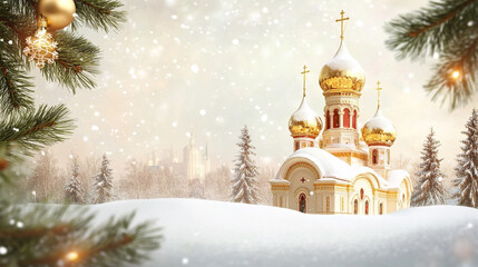 Obraz premium A picturesque scene of an Orthodox church with golden domes surrounded by snow-covered trees and falling snowflakes. Perfectly captures the serene beauty and spirit of Orthodox Christmas celebrations