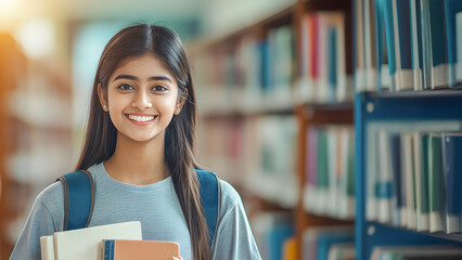Indian school girl holding notebook in school library. Education and coaching institute