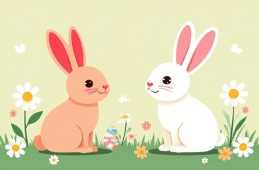 Fototapeta premium eamless pattern with rabbit cartoons and daisy flower on pastel background. Daisy, rabbit head and Easter egg