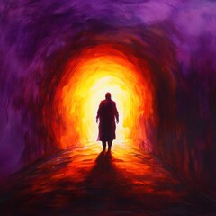 Fototapeta premium Mysterious figure standing at the entrance of a glowing tunnel, surrounded by vibrant colors, representing hope, journey, and the unknown in a surreal landscape illustration.