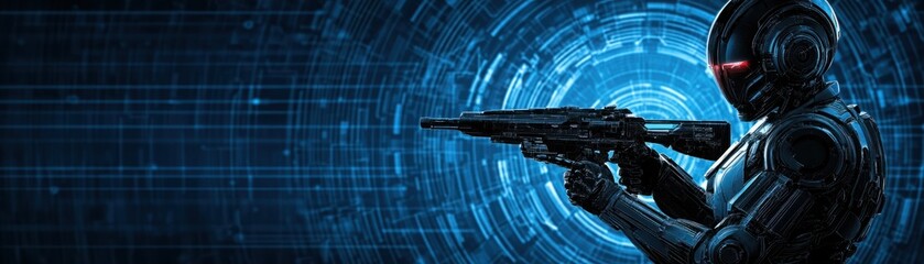 Futuristic cyborg warrior in a high-tech environment aiming a weapon, showcasing advanced technology, sleek design, and a vibrant digital backdrop for sci-fi themes