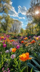 Beautiful colorful tulips blooming in spring botanical garden under blue sky