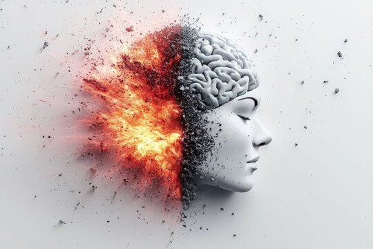 Exploding human head sculpture with a fiery red brain bursting outward, representing creativity, mental breakthroughs, and the intensity of thought processes in high impact conceptual art