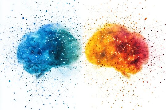 Two vibrant brains in blue and orange tones exploding into paint splatters, symbolizing creative thought, contrasting ideas, and mental energy in dynamic abstract conceptual art