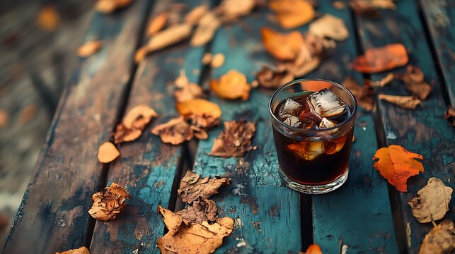 A rustic table decked with fallen foliage has an icy glass of java